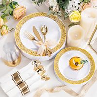 Ensemble de vaisselle jetable en dentelle dorée de 350 pièces pour 50 invités, comprenant : 100 assiettes, 50 serviettes pré-roulées avec couverts, 50 gobelets