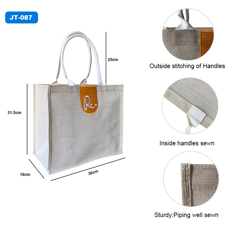 Bolsos grandes de arpillera con logotipo bordado, de alta calidad, de lujo, de algodón, yute y lino, color blanco, para compras