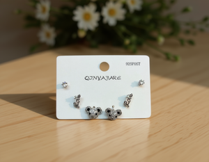 Qjnyajare 3 paia di orecchini a bottone in lega d'argento con zirconi, a forma di orsetto con lettera d'amore, gioielli alla moda da donna, idea regalo - Product Image 2