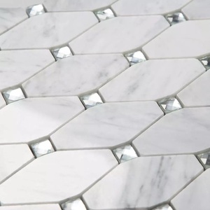 Samistone Bianco Carrara Blend Glass Octagon White Marble Mosaic Backsplash <strong>Tiles</strong> For Kitchen