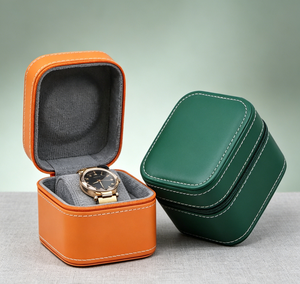 Boîte de rangement pour montre unique haut de gamme, faite à la main, en similicuir délicat, base rigide, orange, vert foncé, deux options de couleur, boîte magnétique - Product Image 4