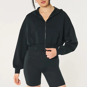 Wholesale Custom Heavyweight Long Sleeve Crop Top Sweatshirt Drawstring <b>Women</b> Fleece Pullover Jacket Zipped <b>Hoodie</b> - Product Image 4