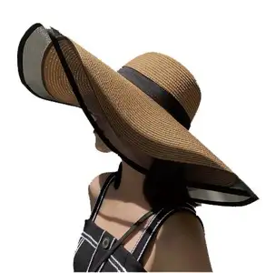 หมวกฟางสไตล์วินเทจสำหรับผู้หญิงหมวกฟางทรงถังถักโครเชต์ขนาดใหญ่สไตล์เม็กซิกัน