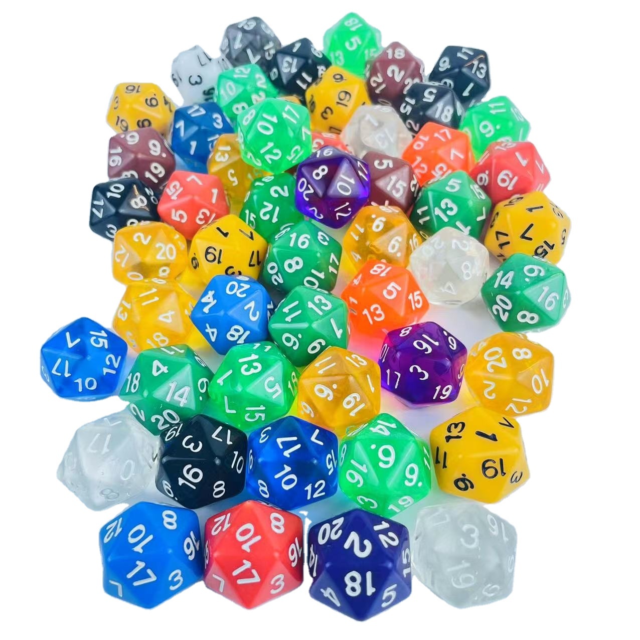 Оптовая продажа акриловых игральных костей D20 20, Двусторонние цветные кости, многогранные кости для настольных игр