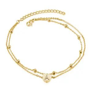Tornozeleira dourada em camadas 14k, pulseira com ouro cheio de ouro com letra inicial, para mulheres, coração, tornozeleira inicial