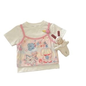 Pom.kp Baby Girls Cotton Short Sleeve T-Shirt With Suspender Design Sweet Print Summer Top Breathable Kids Wear - Product Image 5