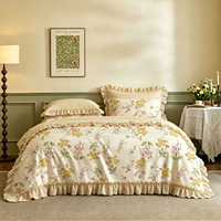 Parure de lit en coton 100% à volants superposés, motif floral jaune pastoral français, style campagne française