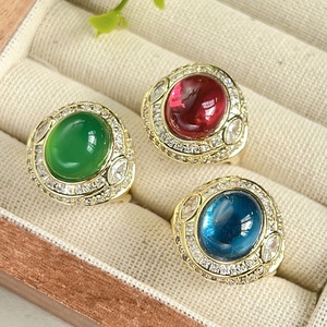 Fashion Eco-friendly Copper Adjustable 10*12MM Green Chalcedony Zircon Gold Plated <b>Open</b> Band <b>Ring</b> for Feminine Daily Elegant - Product Image 3