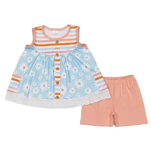 RTS Baby Girls Toddler Orange Stripes Flowers Tunic Top Summer Shorts Kids Teenager Boutique Outfits Children Clothes Sets