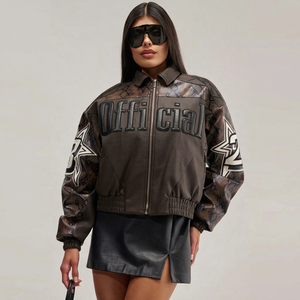 <b>Plus</b> <b>Size</b> Women's <b>Faux</b> <b>Leather</b> Bomber <b>Jacket</b> Solid Logo Front Zipper Closure Windproof Street Style Winter Wear Full Sleeve - Product Image 1