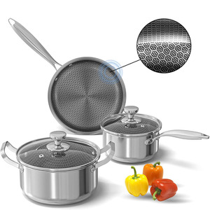 High Quality Modern Non-stick Coating Glass Cover Honeycomb Design Triply Stainless Steel 6-Piece Dishwasher Safe Cookware <b>Set</b> - Product Image 1