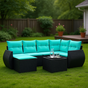 7 Piece Black Poly <b>Rattan</b> Garden <b>Sofa</b> Set With Cushions Outdoor Furniture Contemporary Style 6 Seater - Product Image 2