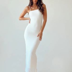 Vestido Midi Bodycon Blanco de Verano con Tirantes y Espalda Descubierta, de Punto Acanalado Natural Casual con Spandex y Abertura Lateral en la Parte Inferior, Estilo Suéter, de Fábrica OEM - Product Image 1