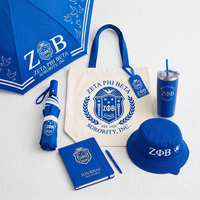 Ensemble cadeau personnalisé de 5 pièces : gobelet, casquette, parapluie, carnet et cordon à lettres grecques blanches et bleu roi, thème Sœur d'âme