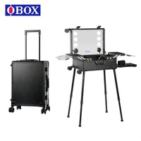 Valise de maquillage roulante en vente flash avec miroir LED, plateau extensible, pieds réglables, station de maquillage de vanité, studio, voyage