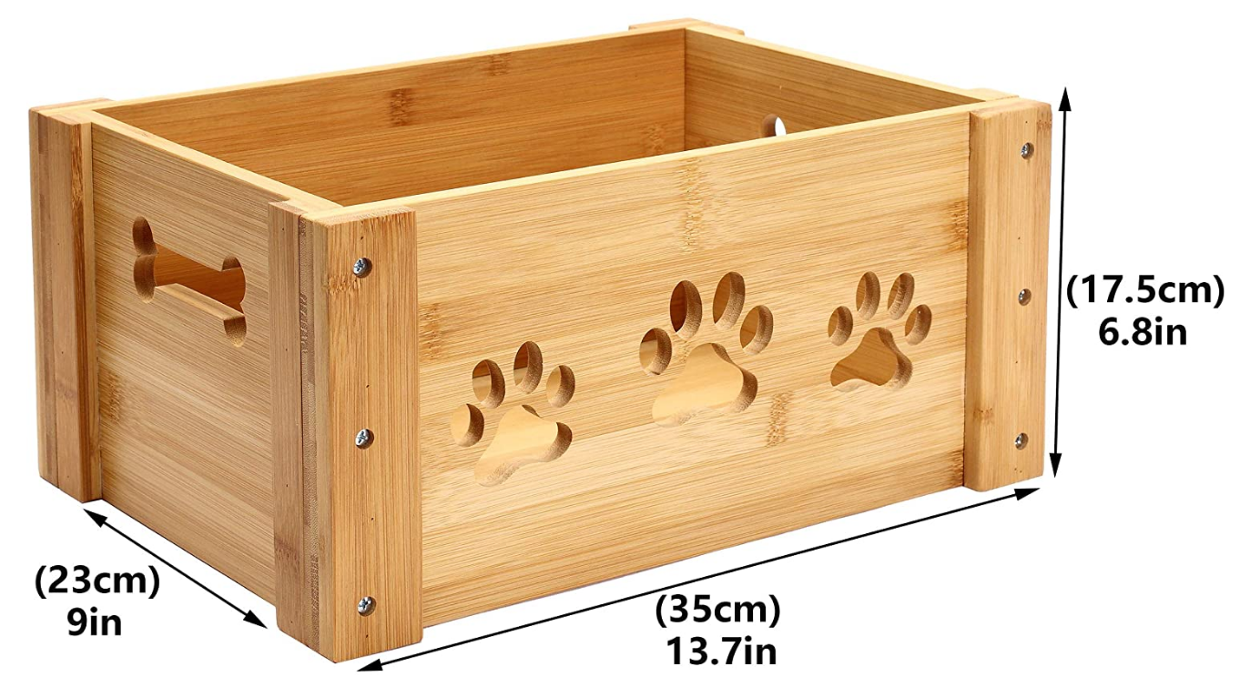 Wooden Dog Toy Box & Pet Food Storage Crate - Eco-Friendly Bamboo Organizer  for Dog Clothes & Snacks, Rectangular Design