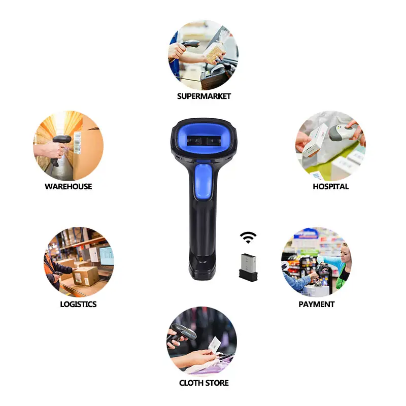 2D QR bar code scanner 2.4G wireless handheld barcode reader with usb cable black