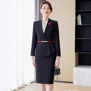 Women's Black Suit Set Peplum Waist Natural Fit Notched Neckline Woven Fabric Anti-Wrinkle Work Attire For Office And Interviews - Product Image 1