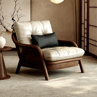 Fauteuil inclinable en cuir véritable style Song avec réglage de la profondeur d'assise, pieds en bois massif, pour salon et balcon
