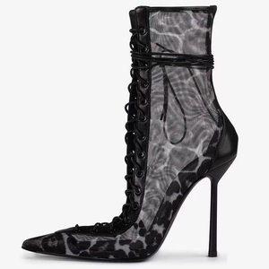 Summer Autumn Lace-Up ZIP Ankle <b>Boots</b> High Top Sexy Women's Denim Short Slim Heels Big Size 48 - Product Image 5