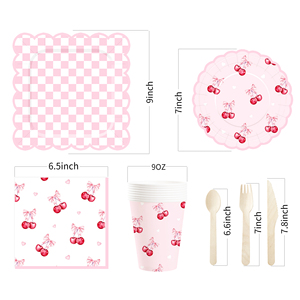 DAMAI - Vajilla Desechable para Fiestas de Cumpleaños Infantiles, Diseño de Frutas de Verano, Cuadros Rosas y Cerezas, Servilletas, Vasos y Platos de Papel - Product Image 6