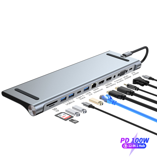 USB Type C HDMI Hub 12 in 1 Docking Station with 4K 30Hz SD/TF PD100W Fast Charging MST VGA & USB3.0 USB C HUB HDMI 1080P Stock