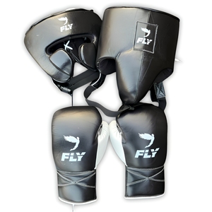 Fly Boxing Gear Set Leather Headgear Groin Guard <b>Gloves</b> Hook Loop Adjustable Wrist Strap Lightweight Shock Martial Arts - Product Image 1
