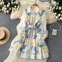 Robe chemise décontractée pour femme WIWT à imprimé floral, manches longues, ceinturée, coupe trapèze, élégante pour les vacances et les soirées
