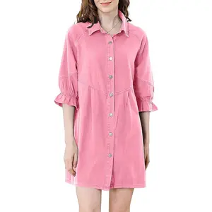 Denim Shirt Dress 3/4 Long Sleeves Button Down Tiered Babydoll Casual Jean Dress Tunic Top For Women