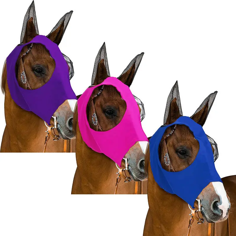 Cómoda máscara para moscas de caballos con orejas para protección UV Elasticidad Máscara para cara de caballo que cubre para caballos Suministros para montar a granel