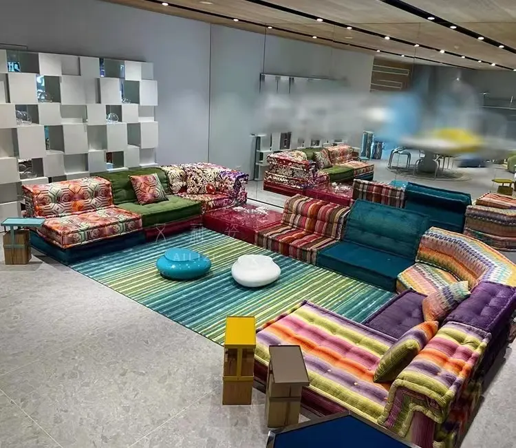 Mahjong conjunto de sofá, frança, roche, bomadeira, designer colorido, combinação de tecidos modular, conjunto de mobiliário