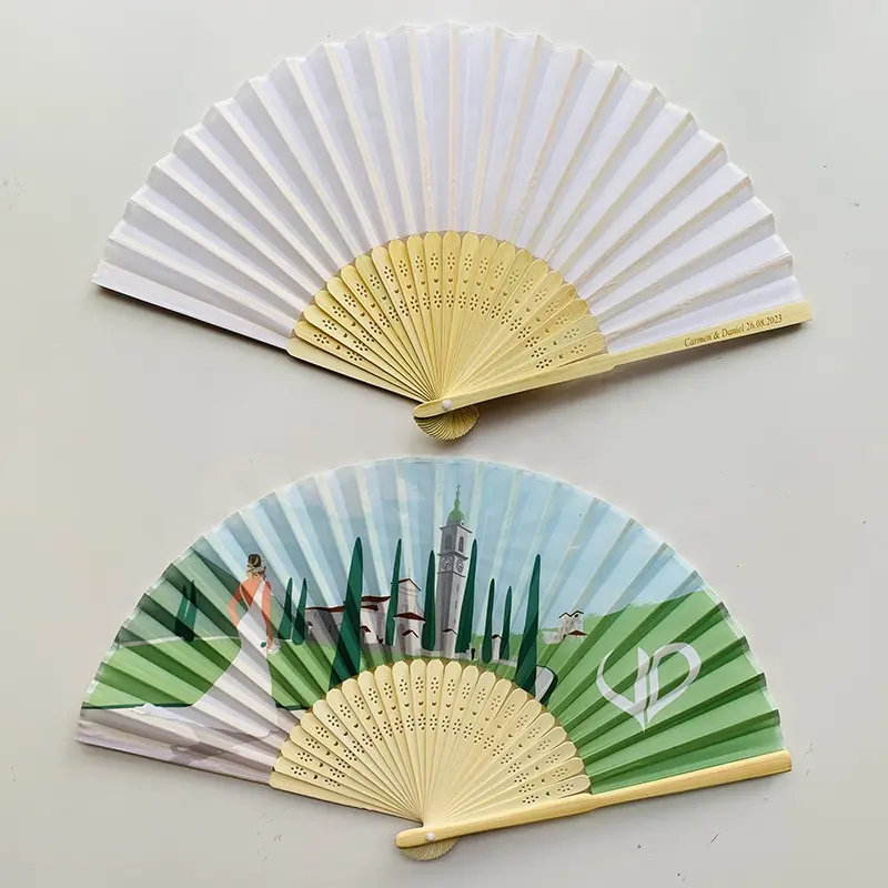 Artesanato De Bambu Atacado Personalizado Impresso Logotipo Papel Folding Fan Casamento Bambu Mão Fan