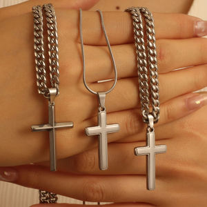 Collier personnalisé gravable au laser avec pendentif croix en acier inoxydable, chaîne cubaine ou chaîne serpent, cadeau pour homme – Vente en gros - Product Image 1