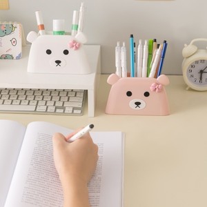 Cute Bear Pen Holder Desktop Stationery Storage Box Double Compartment White And Pink For Office School Use - Product Image 1