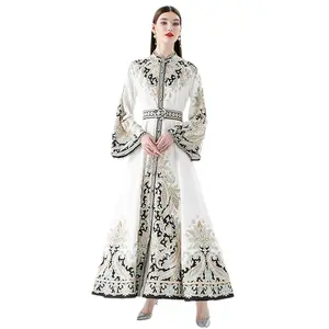 Middle East fashion court style retro elegant dresses waist cinched new long dress long sleeve printed dress