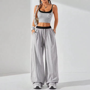 All'ingrosso cotone per il tempo libero Casual quotidiano Colorblock 2 in1 canottiera ampia pantaloni da salotto 2 pezzi da donna Set da salotto - Product Image 1