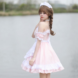 Maid Lolita Dress Costume Anime Cosplay Female Pink White Ruffle Dress Spring 2023 Polyester Material - Product Image 3