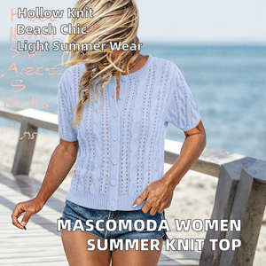 Cardigã Feminino de Verão MASCOMODA em Tricô Acrílico com Bordado Vazado, Gola Halter, Forro de Lã, Casual, com Botões e Manga Curta - Product Image 2