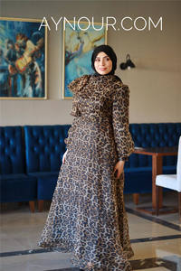 Abbigliamento etnico islamico preghiera elegante soffio maniche lunghe stampa leopardo Organza Chiffon abito Abaya musulmano Dubai <span class=keywords><strong>turchia</strong></span> Ramadan - Product Image 4