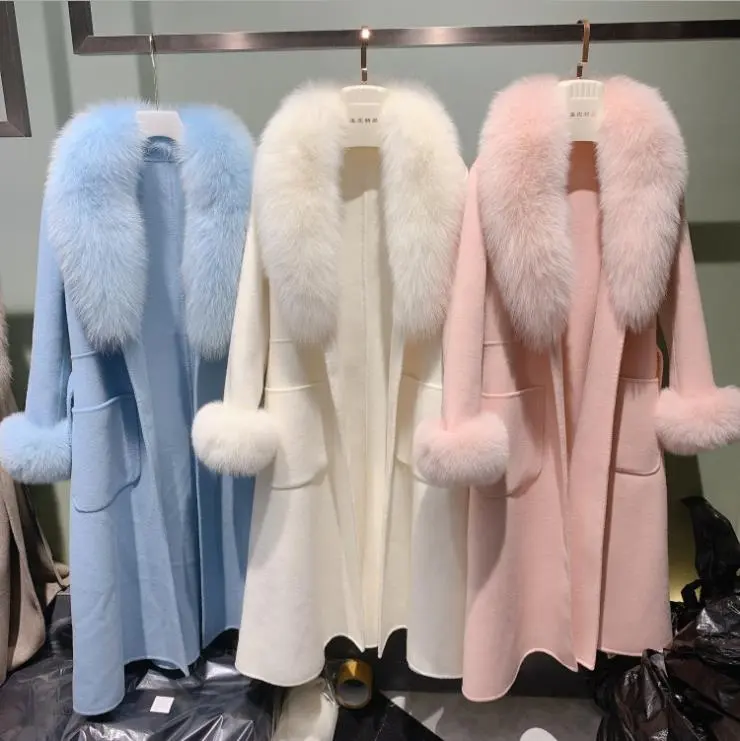 Wool Fur Coat Fashion Style Female Double Face Furry Long Cashmere Fabric Coat With Fox Fur Collar