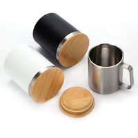 Mug de voyage isotherme en acier inoxydable à double paroi avec couvercle en bois, capacité 350 ml, idéal pour cadeaux (vente en gros)