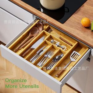 Bamboo Drawer <b>Storage</b> <b>Box</b> Expandable <b>Kitchen</b> Silverware Organizer Rectangular Adjustable Compartment - Product Image 4