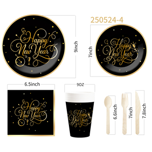 DAMAI New Years Eve Party Supplies Happy New Year Tableware Set <b>Disposable</b> Paper Plates Paper Cup Napkins and Wooden Cutlery - Product Image 5