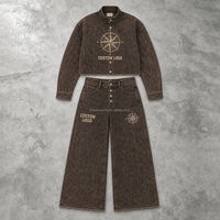 Ensemble décontracté pour homme personnalisé, haut à manches longues à boutons avec motif boussole et effet délavé marron, et pantalon large, OEM ODM
