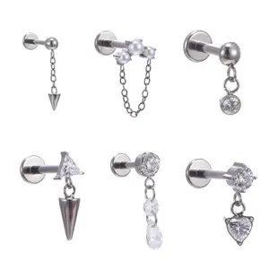 Fuxuan ASTM F136 Titanium Internally Threaded Labret Tragus Ear Piercing with Chain Dangle Titanium Body Piercing