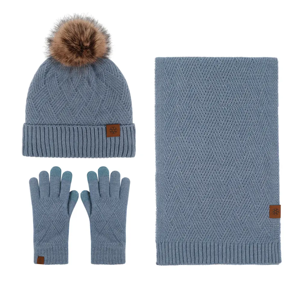 Gorro con pompón de alta calidad, bufanda polar cálida, conjunto de guantes con pantalla táctil para mujer