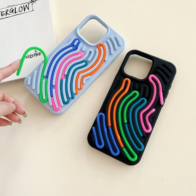 3D Stereoscopic Silicone Phone Case for iPhone 17 16 15 14 13 Pro Max Colorful Line Design DIY Phone Case