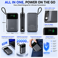 Batterie externe portable 2-en-1 personnalisée haute capacité 20000 mAh avec charge rapide PD 65W, câble USB-C intégré et écran couleur TFT pour ordinateur portable
