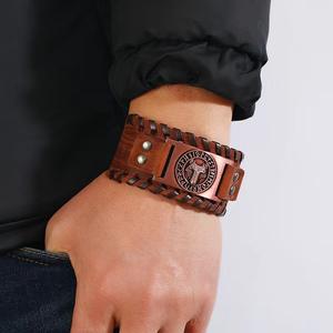 Punk <span class=keywords><strong>nordique</strong></span> <span class=keywords><strong>mythologie</strong></span> tissé large en cuir véritable Viking <span class=keywords><strong>Odin</strong></span> Totem Thor marteau Runes boussole manchette Bracelets hommes - Product Image 6