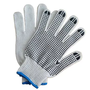 10G Raw White Cotton/Polyester Knit Gloves Black PVC Dots One Side on Palm and Fingers, Finger Tips Strengthen